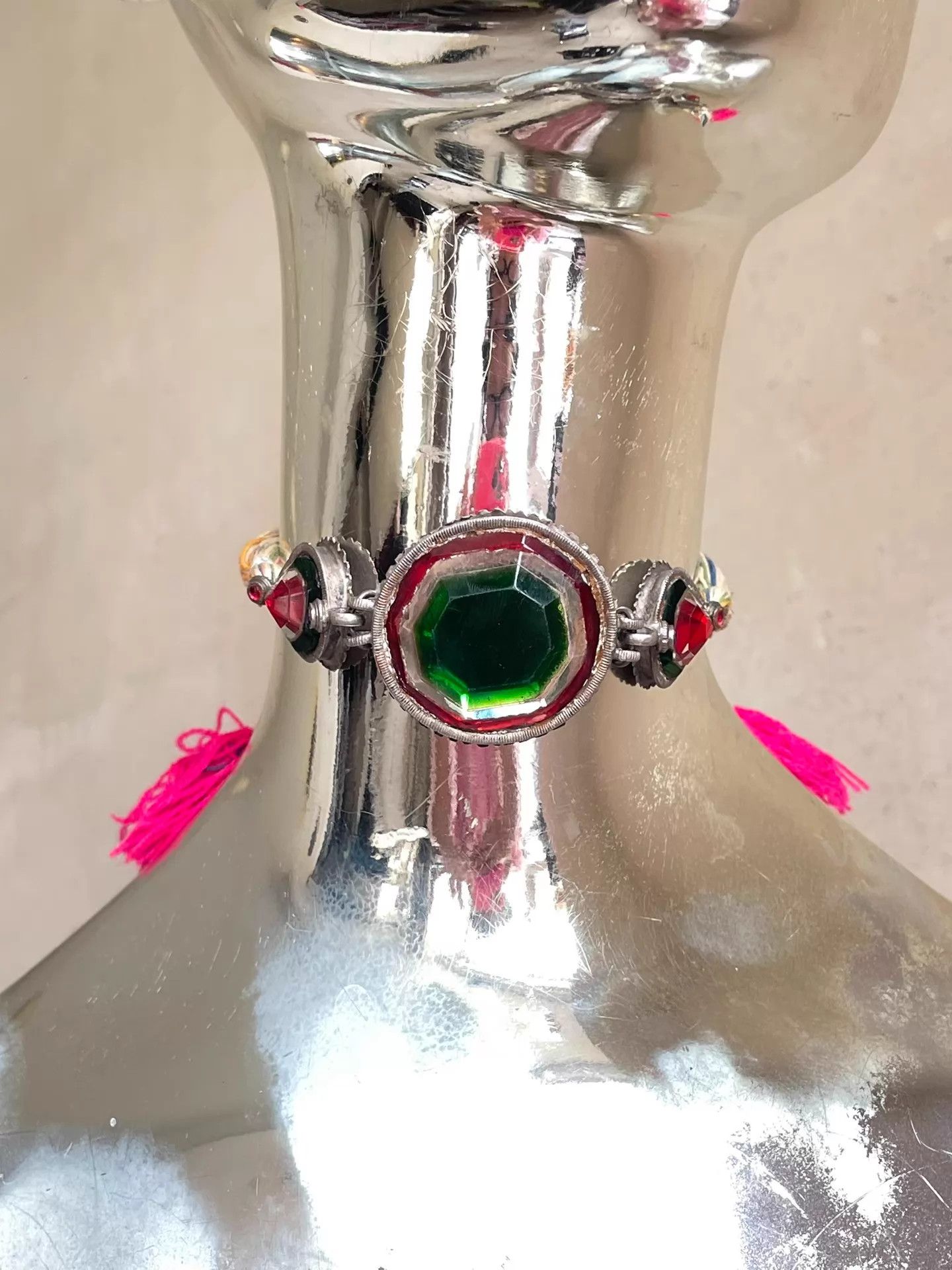 Other Afghan Old Silver Emerald Glass Colorblocked Exotic Choker Size ONE SIZE - 2 Thumbnail