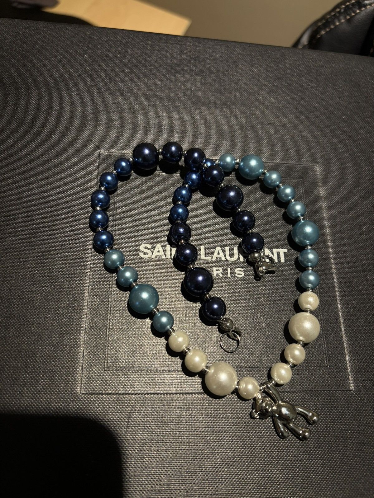 Blue Silver Coated Pearls Teddy Necklace