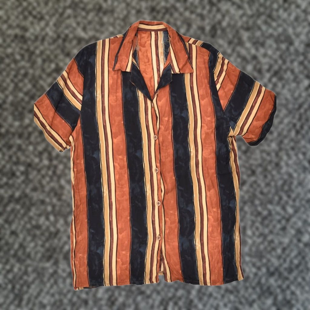 Vintage VINTAGE Womens Shirt Brown Striped UK 16 Large Short Sleeve Longline Size L / US 10 / IT 46 - 1 Thumbnail