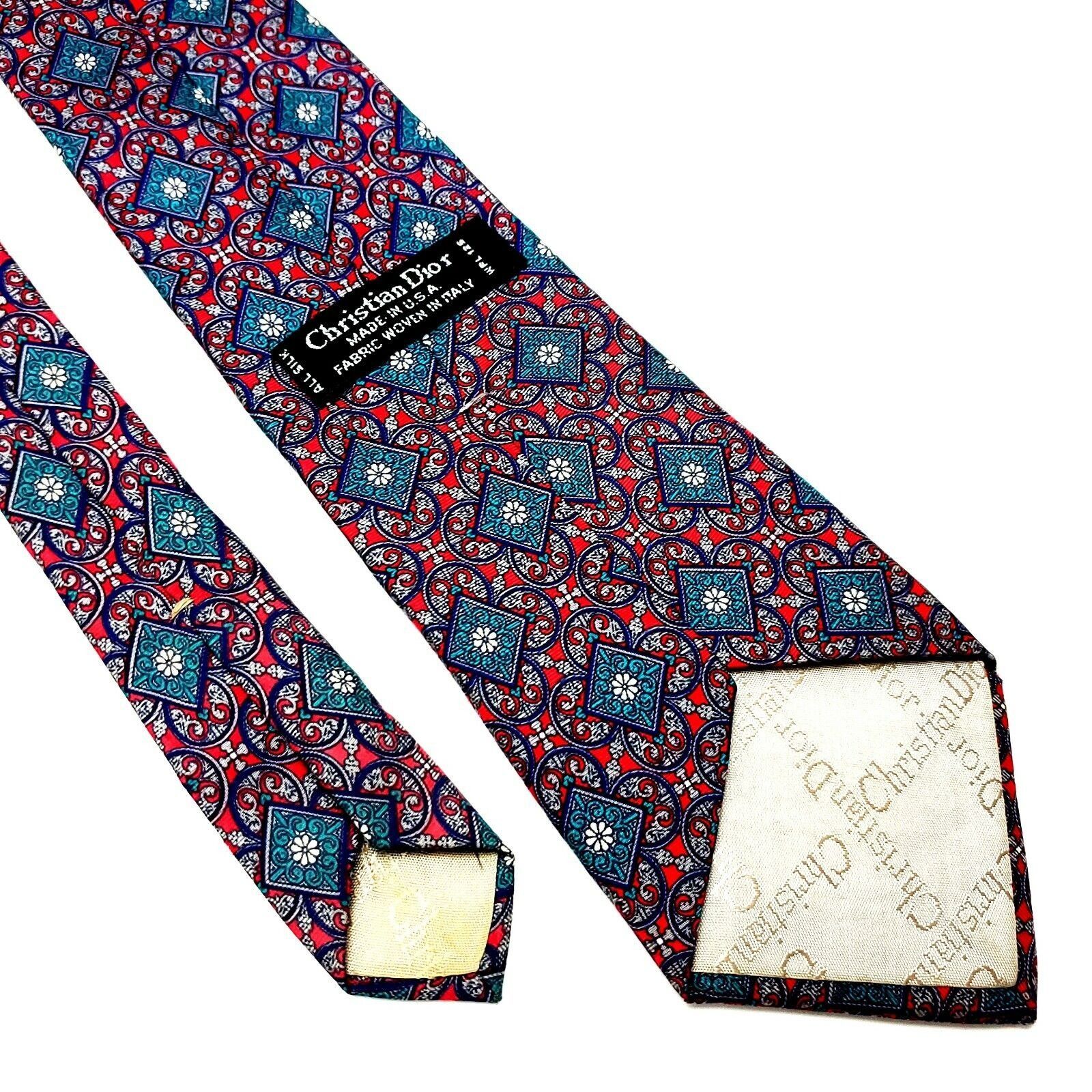 Christian Dior Monsieur Christian Dior Silk Tie Print Red Teal Geometric Short Size ONE SIZE - 4 Thumbnail