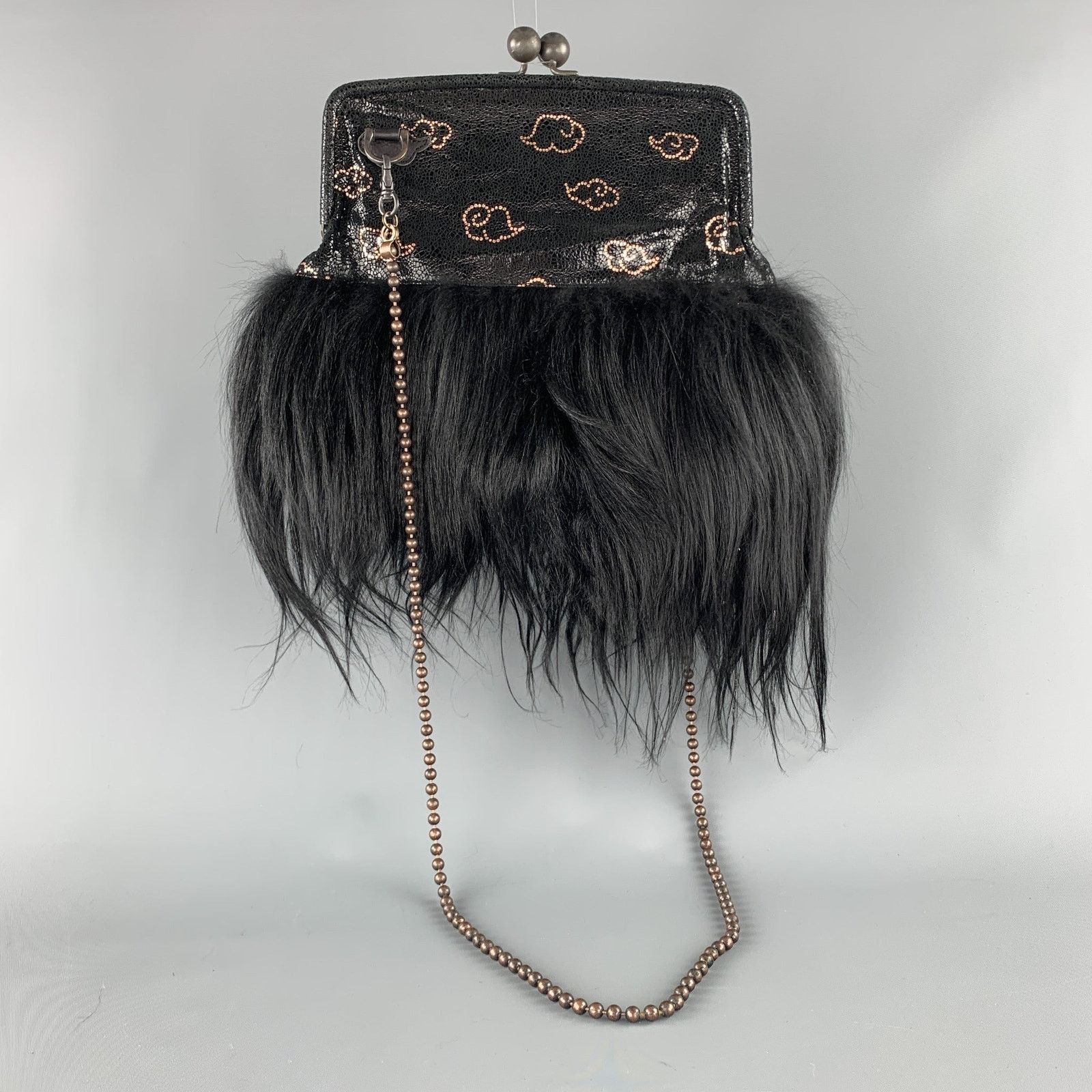 Gold Copper Print Leather Goat Hair Trim Kiss Lock Bag