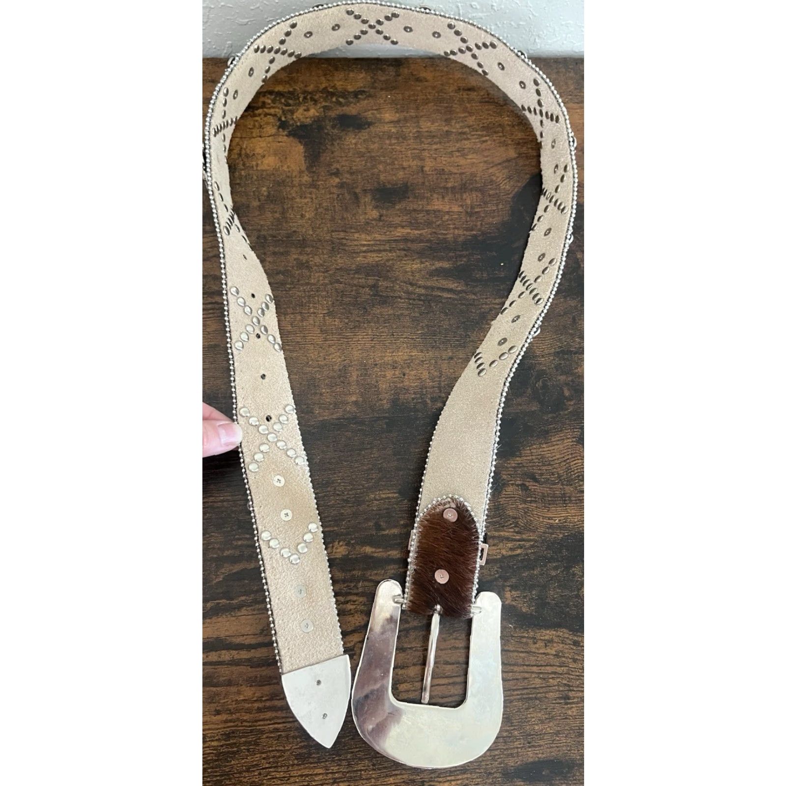 Vintage BHW Bling Rhinestones Leather Hair On Western Cowgirl Belt S/M Women Belt White & Brown Hair On Leather Rhinestone Bling Accent Size ONE SIZE - 7 Thumbnail