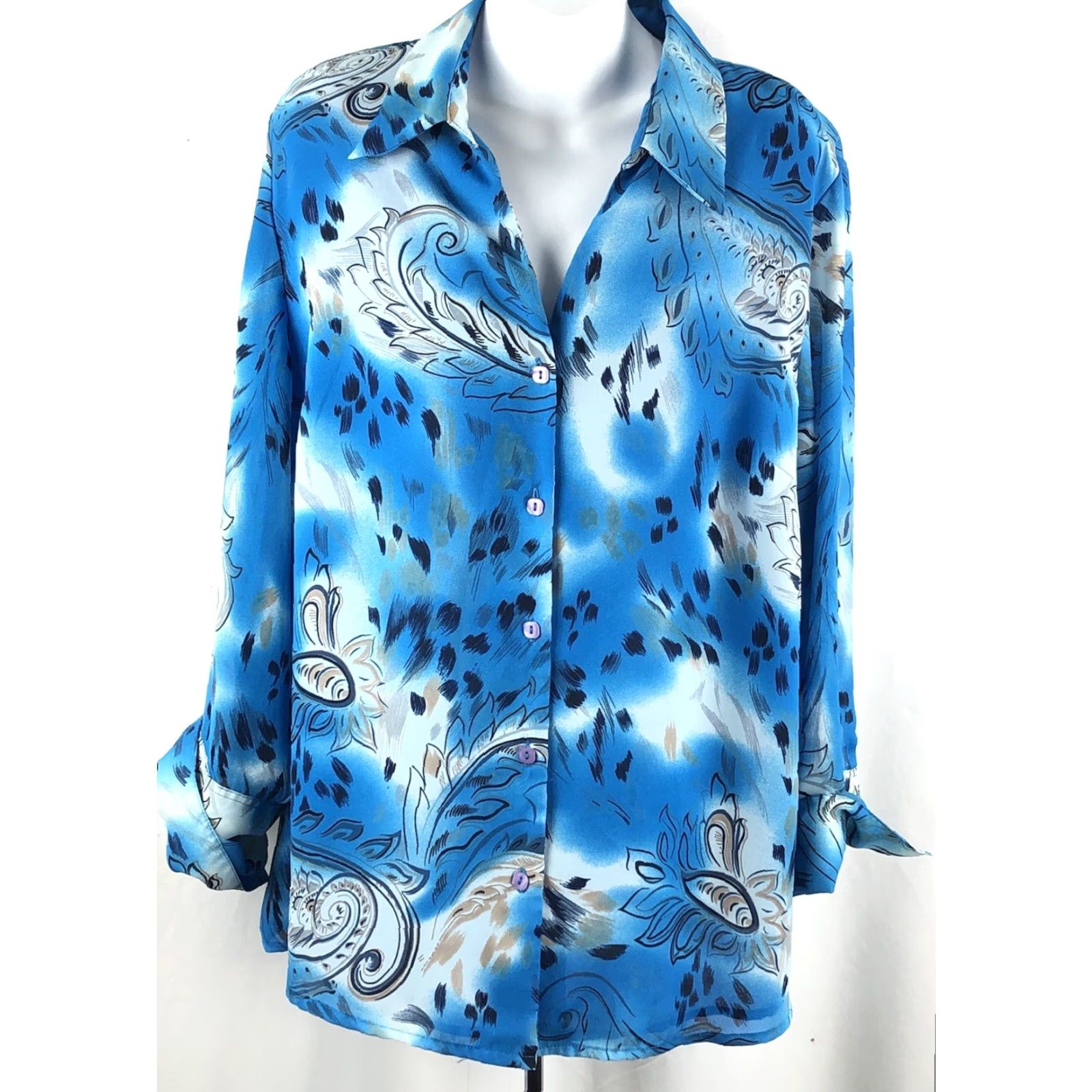 Vintage VINTAGE ML Studio Button-Up Blue Geometric 18W Long Sleeve Chiffon Mock French Cuff Boho Retro 70s Women Size XXL / US 16-18 / IT 52-54 - 5 Thumbnail