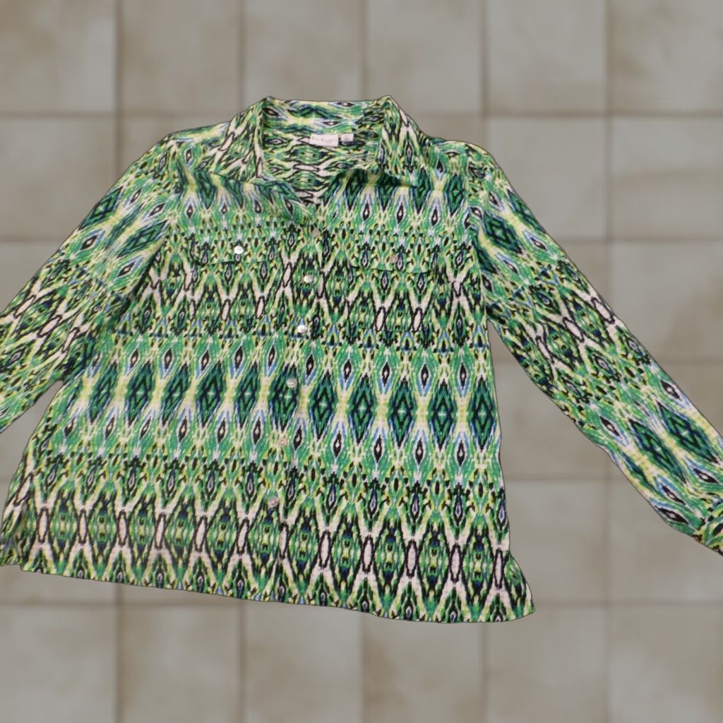 Vintage Kim Rogers Blouse Shirts Womens PL Petites Green Crew Neck Pullover Stretch Button Casual Cotton Rayon Regular Size L / US 10 / IT 46 - 1 Thumbnail