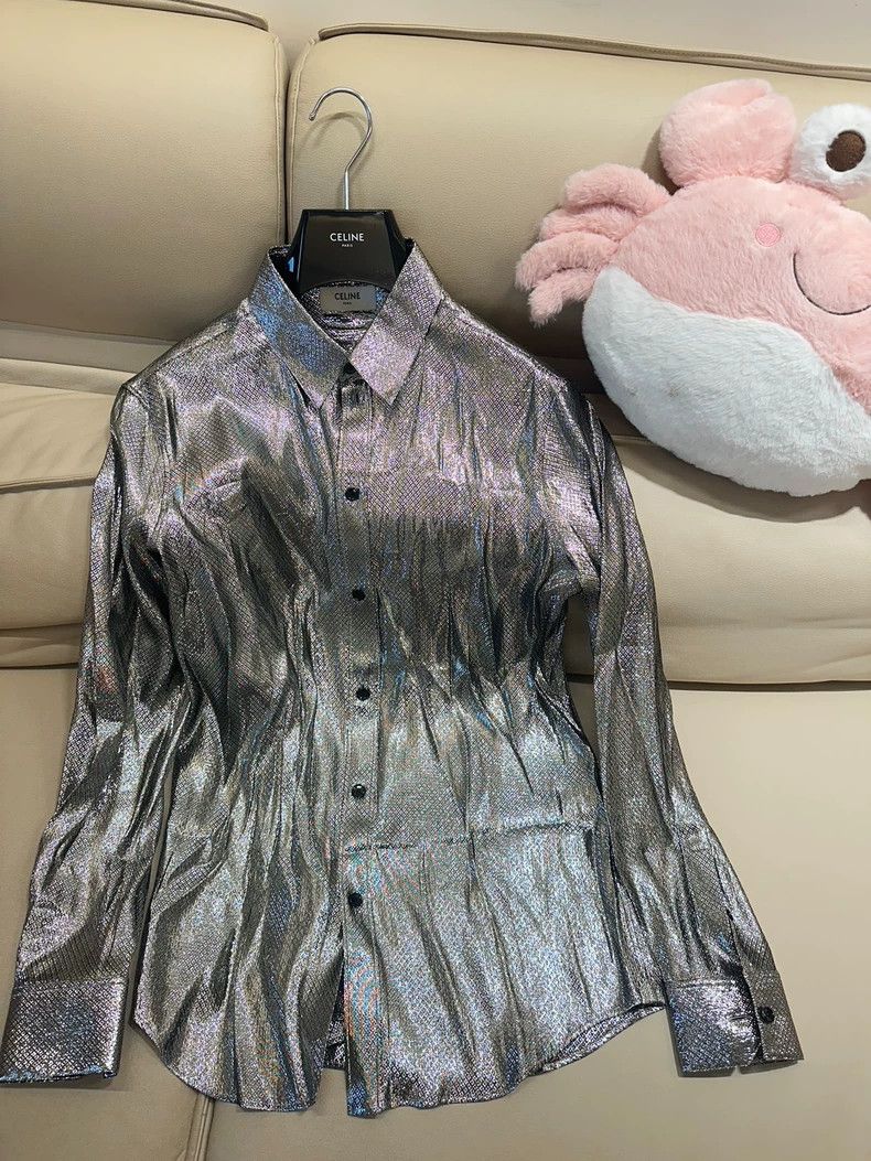 Celine CELINE size 40 Silkworm silk snake silver thread shirt Size US XXS / EU 40 - 1 Thumbnail