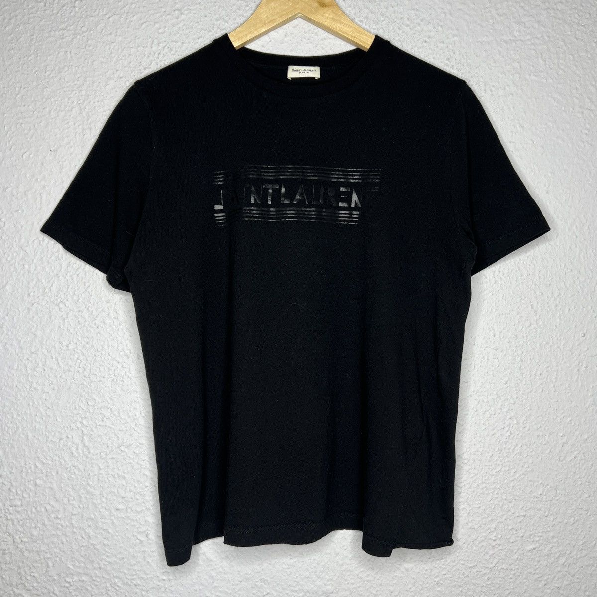 image of Designer Saint Laurent Paris Tshirt Tee Black Tonal Logo Big Spellout, Men's (Size Small)