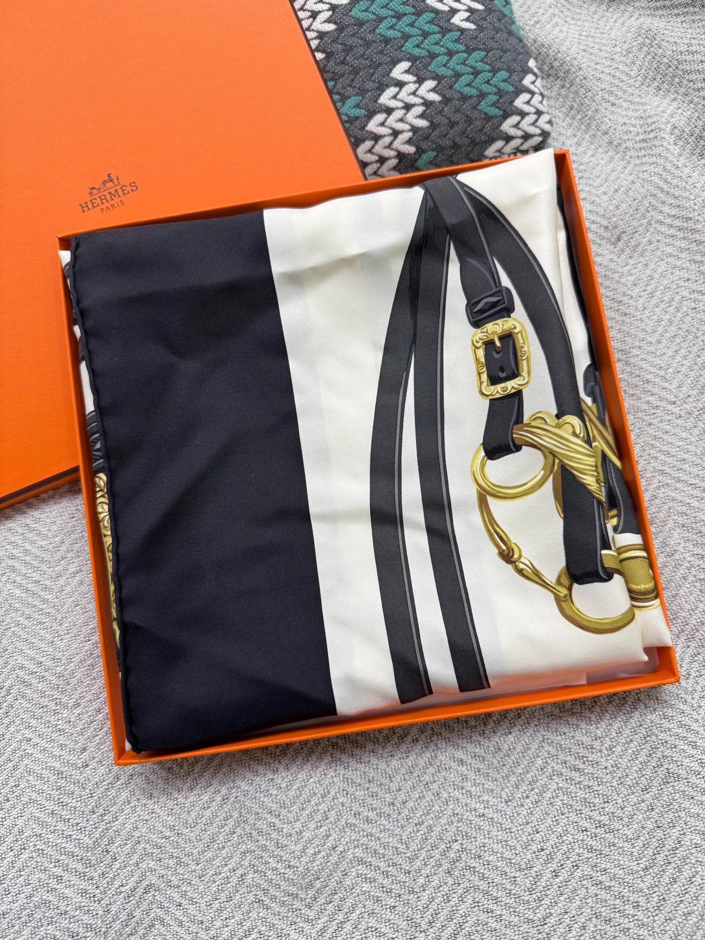 Hermes 1957 Reissue Silk Scarf Black Gold Mint