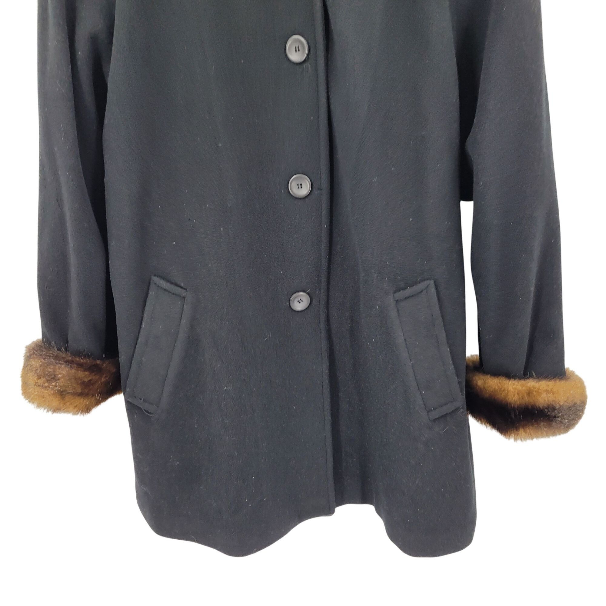 Vintage Vintage 80s Black Wool Coat 2X Faux Fur Hood Cuffs Button Fr Size XXL / US 16-18 / IT 52-54 - 6 Thumbnail