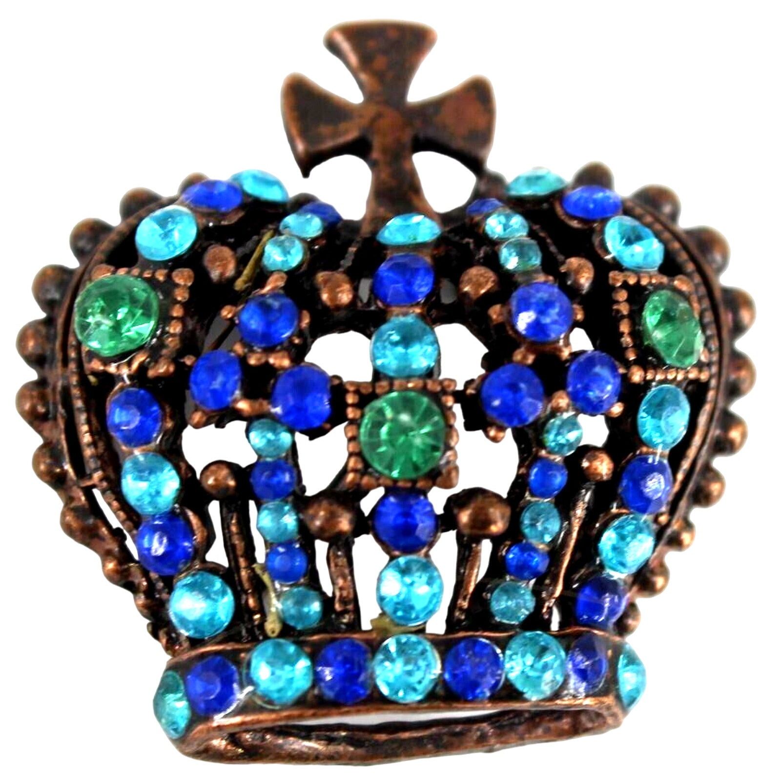 Other Spectacular Crown Bronze Brooch •Blue Green Agua Rhinestones Size ONE SIZE - 1 Thumbnail