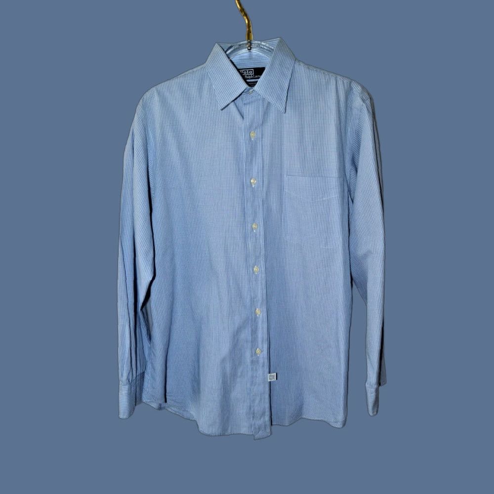 Polo Ralph Lauren VINTAGE POLO Ralph Lauren Dress Shirt Blue Plaid Cotton L/S 17 34/35 Men Regular Button-Down Collar Embroidered Preppy Size 17 Chest Size 46R - 1 Thumbnail