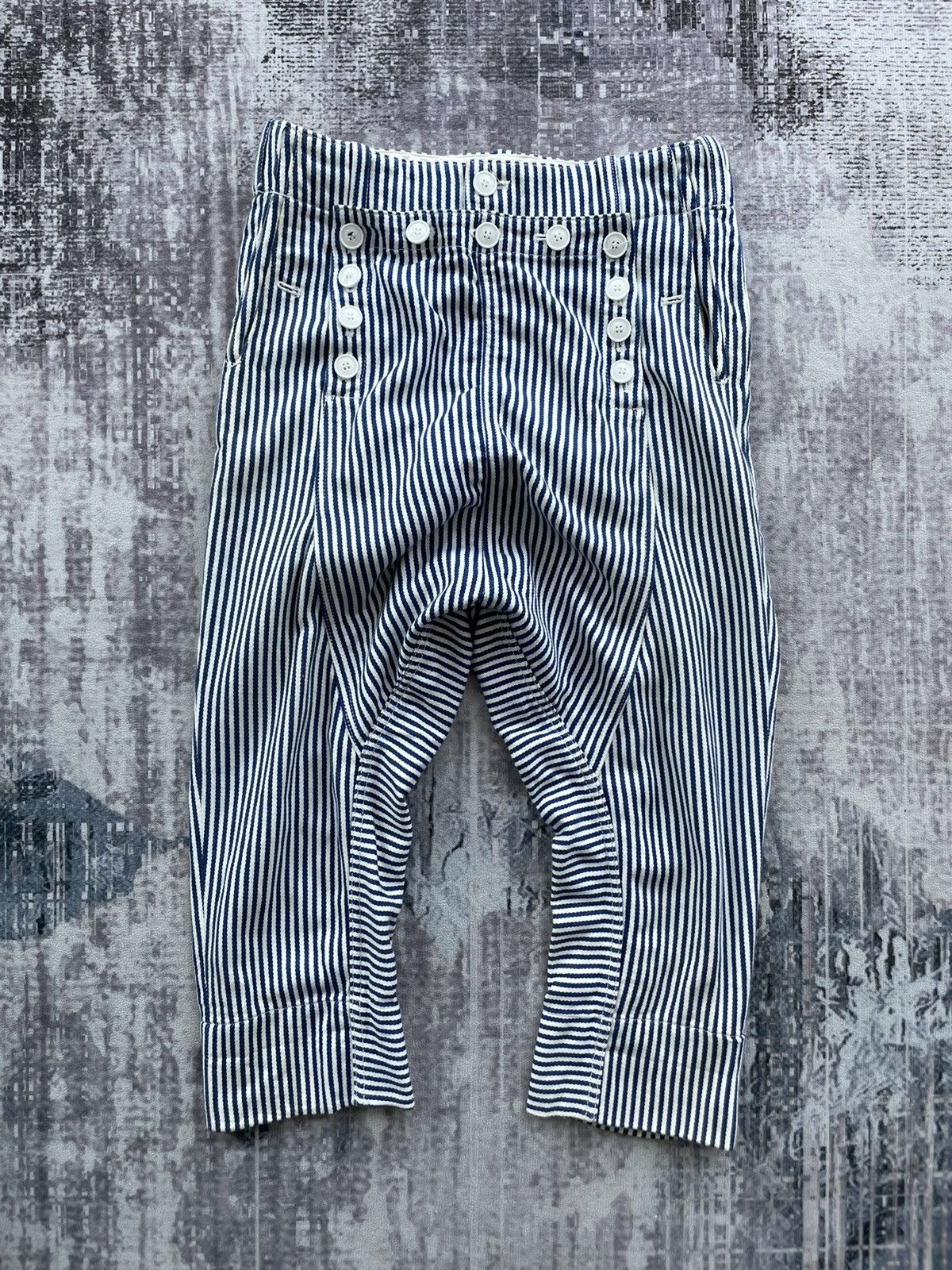 image of Avant Garde x Issey Miyake Ne-Net Dropped Crotch Cropped Pants in Hickory Stripe, Men's (Size 30)
