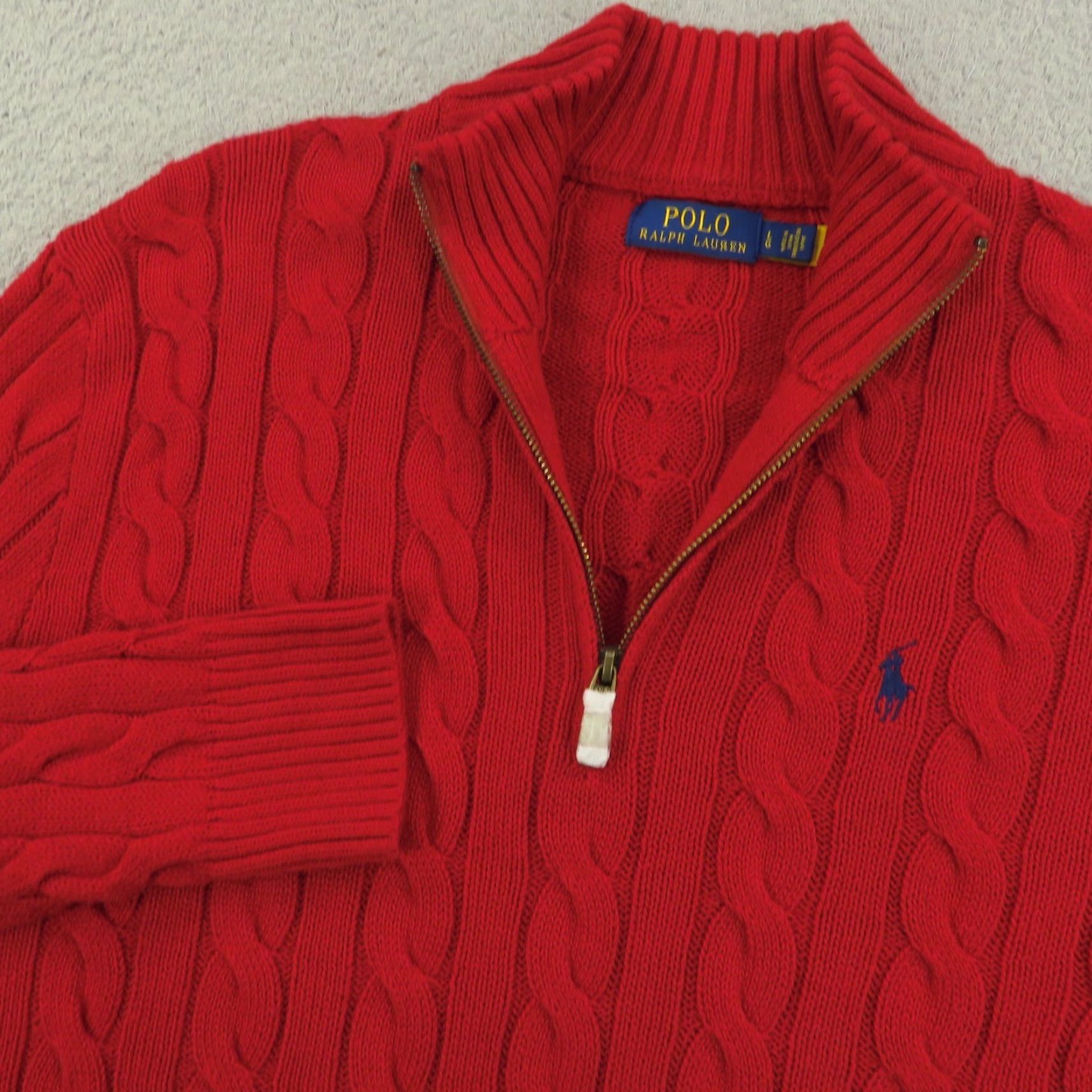 Polo Ralph Lauren Sweater Mens Large Red 1/4 Zip Pullover Cableknit Navy Pony