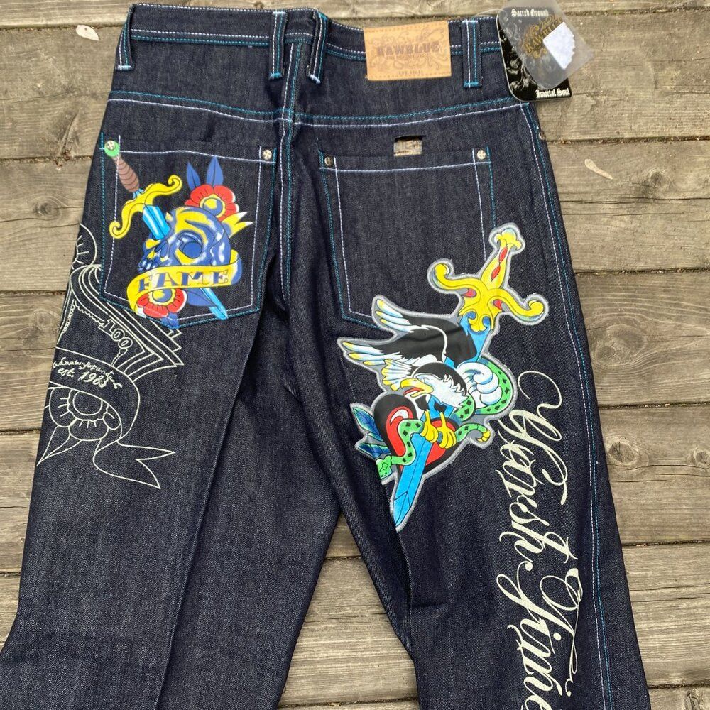 Japanese Brand × Vintage Vintage Y2K Embroidered Raw Blue Vindication Jeans Size 32 Size US 32 / EU 48 - 4 Thumbnail
