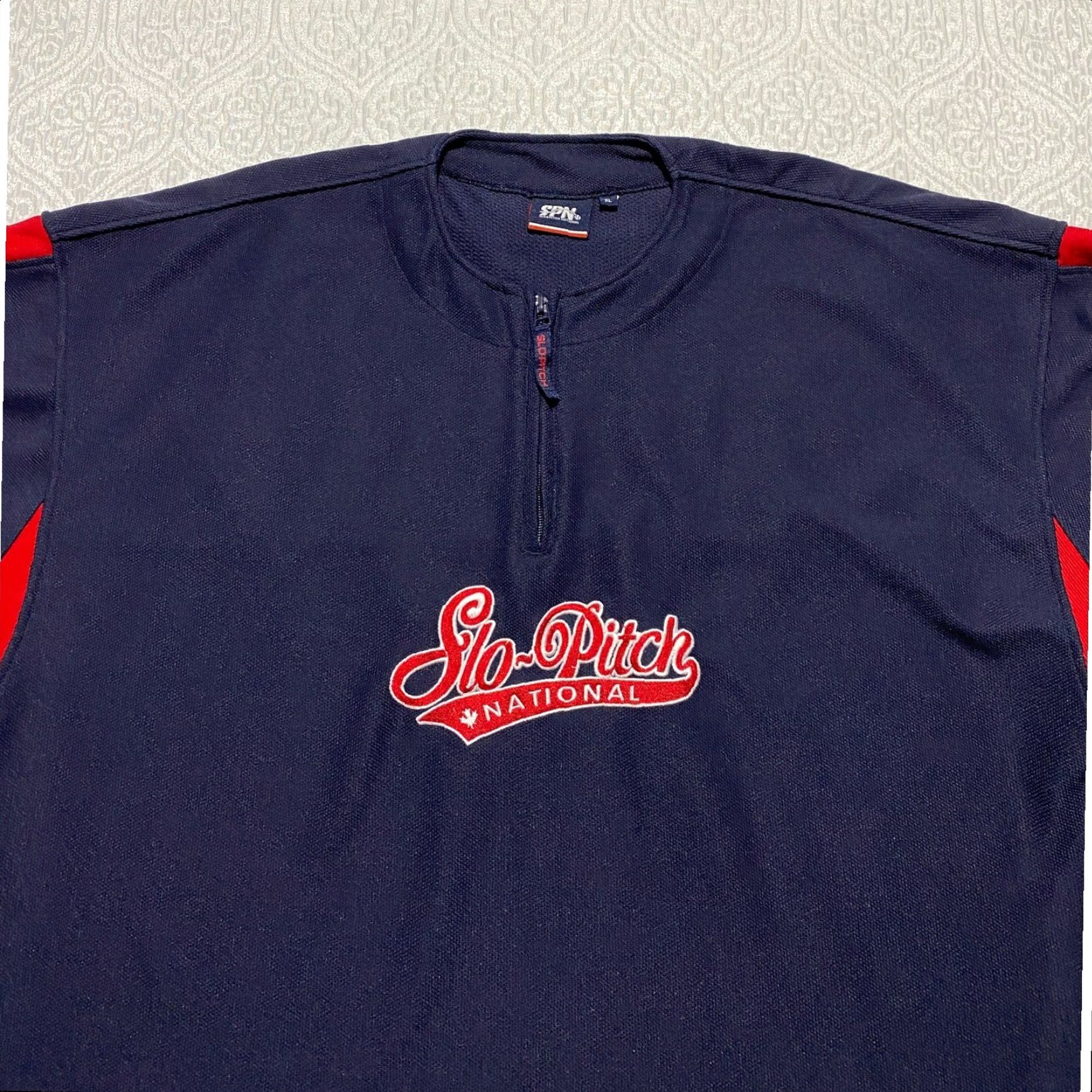 Vintage SPN Slo Pitch National Championship Pullover Jersey Mens XL 1/4 Zip Navy Red Blue Polyester Knit Pockets 100% Sweatshirt? Size US XL / EU 56 / 4 - 2 Thumbnail