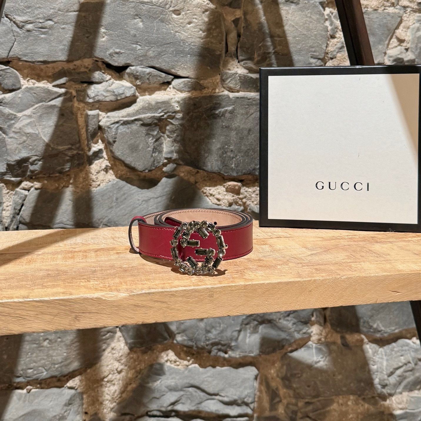 Gucci Gucci GG Burgundy Leather Crystal GG Buckle Belt Size ONE SIZE - 1 Thumbnail
