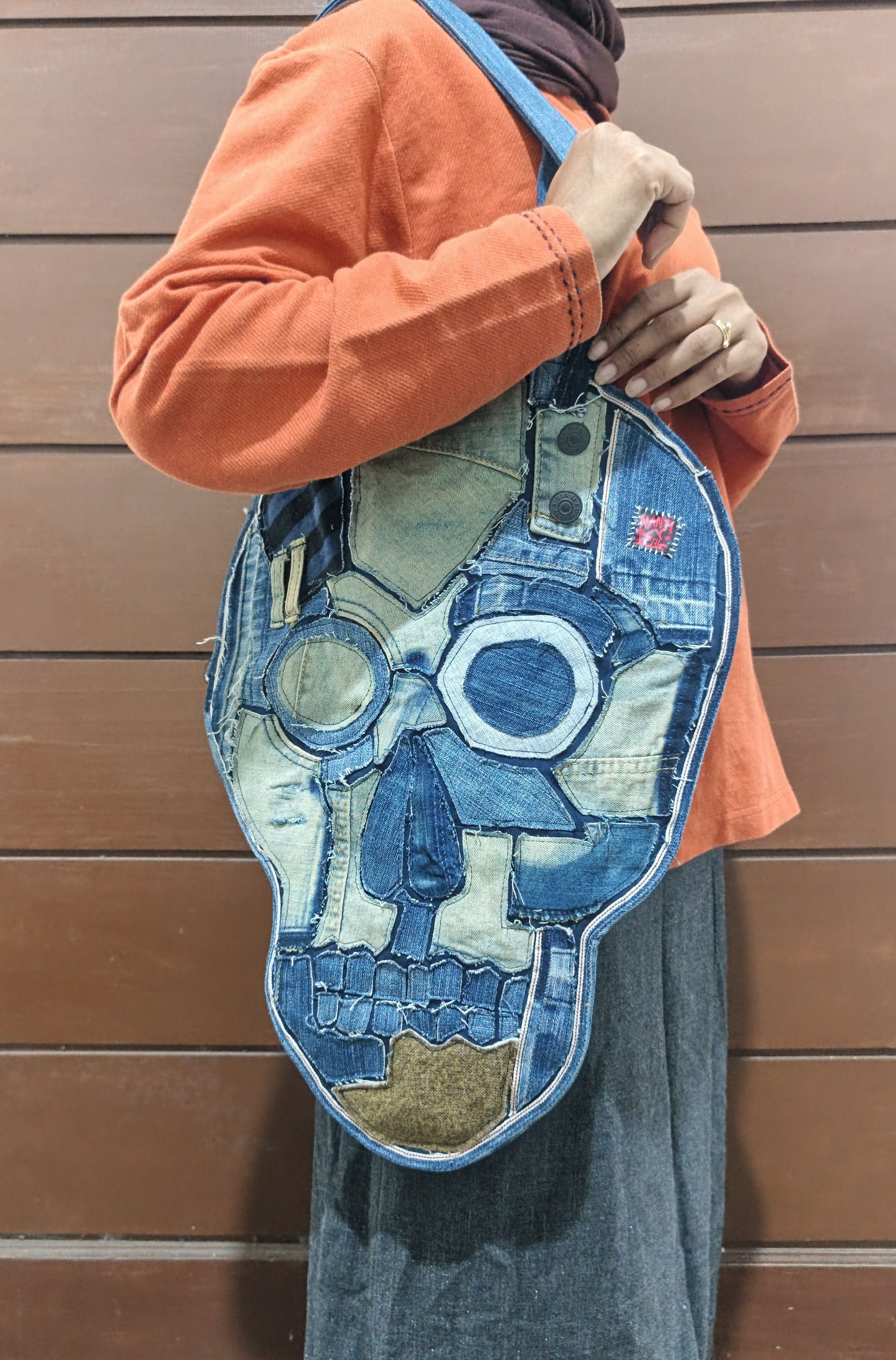 Japanese Brand Custom Denim Art Tote Bag Skull Design Size ONE SIZE - 12 Thumbnail