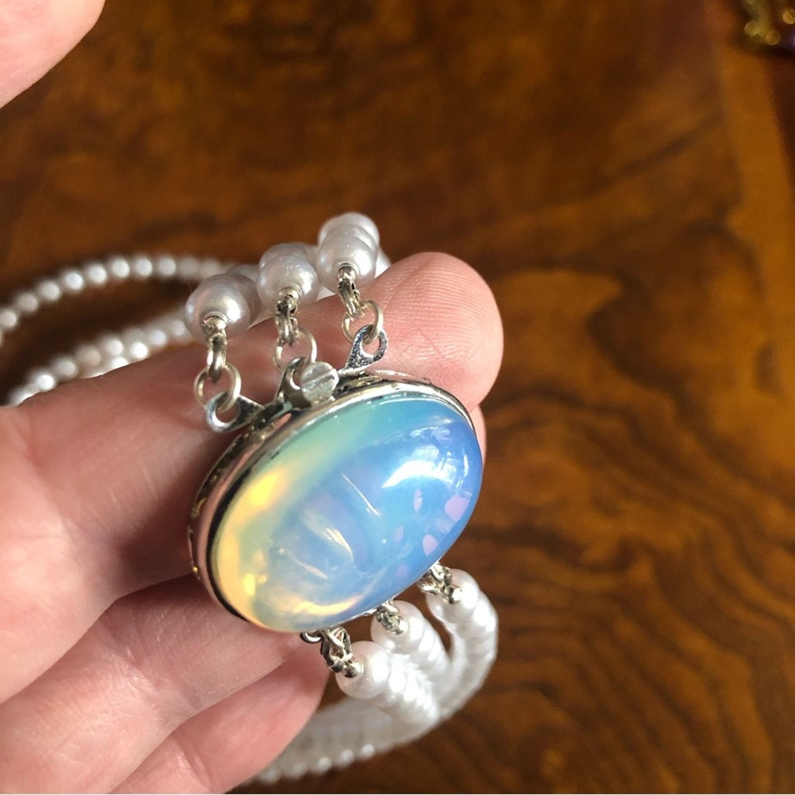Handmade Handcrafted triple strand white pearl opalite clasp necklace Size ONE SIZE - 11 Thumbnail