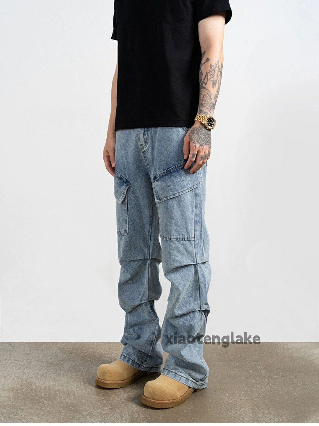 Jean × Vintage washed faded pleated yuppie bootcut cargo jeans Size US 28 / EU 44 - 5 Thumbnail