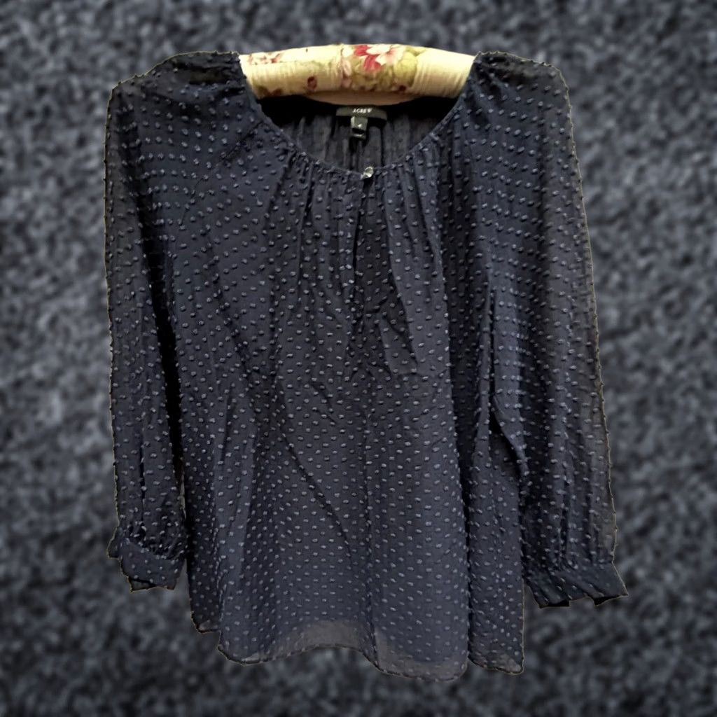 J.Crew J. Crew Women's Top Size 4 Navy Blue Silk Cotton Swiss Dot Blouse Peasant Sheer Shirt Women 4 Navy Blue Silk Cotton Swiss Dot Blouse Peasant Sheer Size S / US 4 / IT 40 - 1 Thumbnail