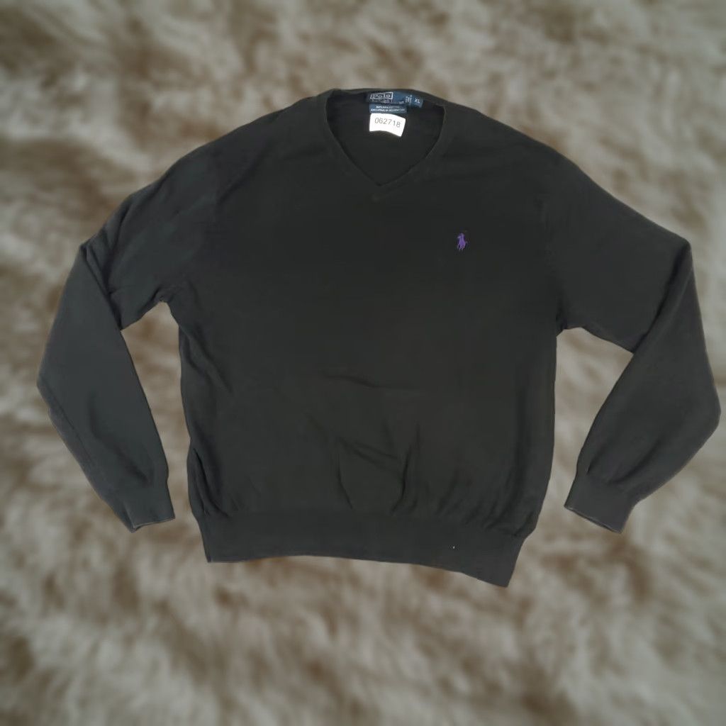 Polo Ralph Lauren VINTAGE Polo Ralph Lauren Men’s Sweater XL Knit V-Neck Pullover Black Purple Pony Pima Cotton Size US XL / EU 56 / 4 - 1 Thumbnail