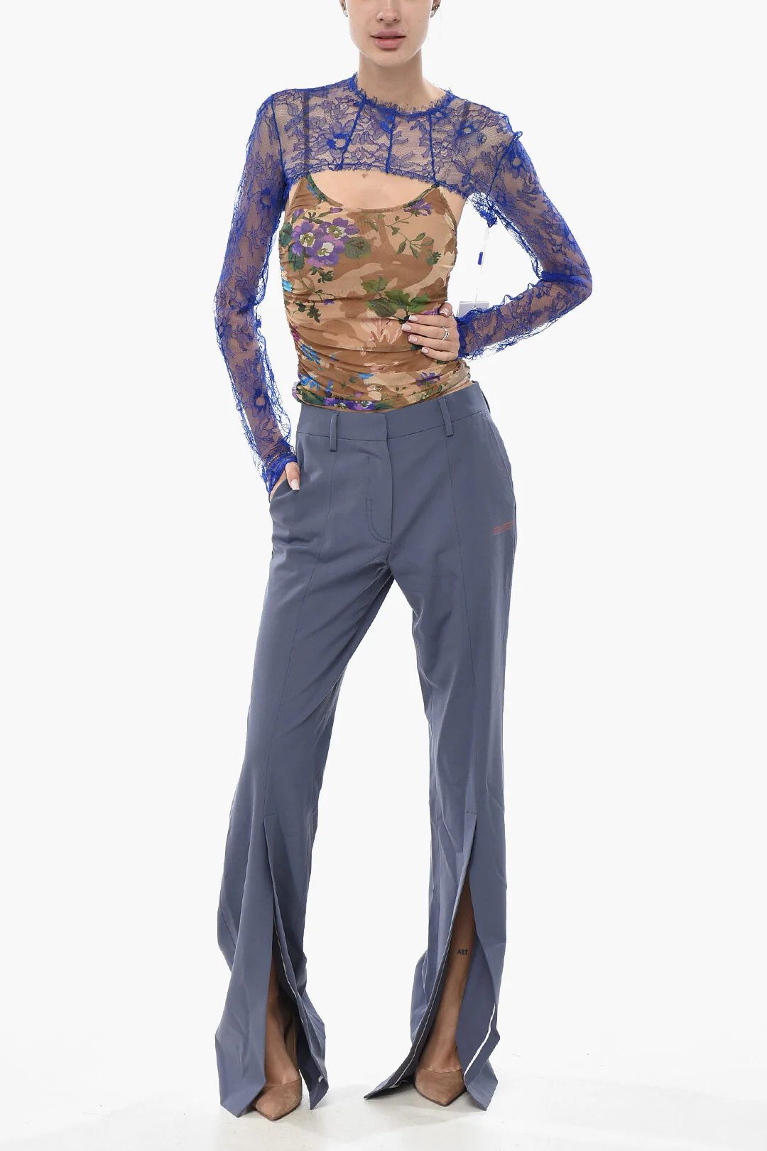 Off-White og1mm0426 Lace Off-Shoulder Top in Blue Size S / US 4 / IT 40 - 4 Thumbnail