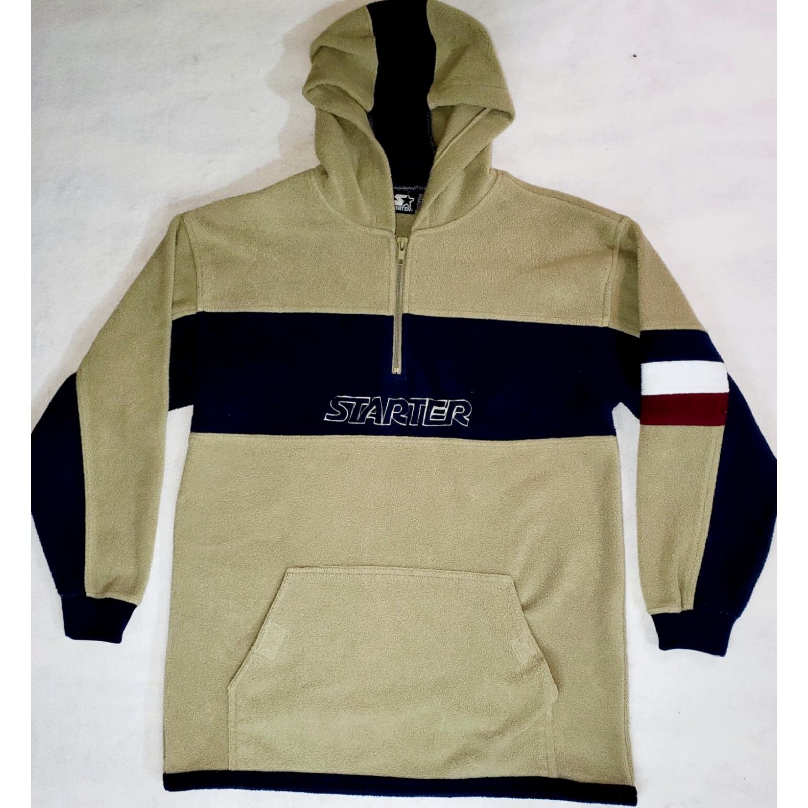 Starter VINTAGE Starter Hoodie 1/4 Zip Long Sleeve Fleece Pullover Mens Cream/Navy Blue Size US L / EU 52-54 / 3 - 2 Thumbnail