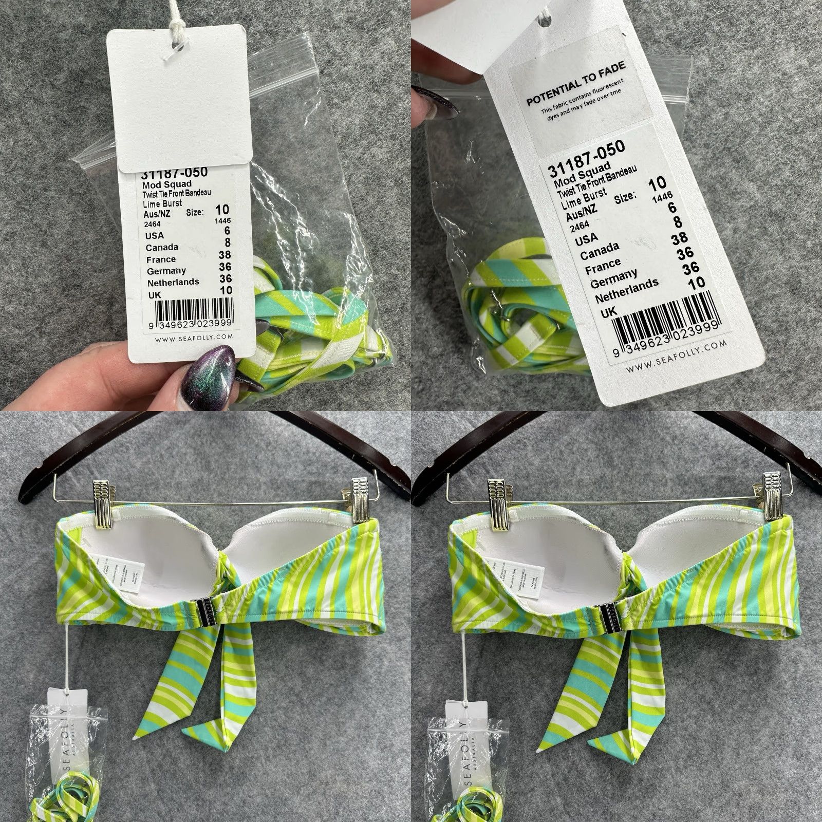 Vintage Seafolly Women's Tie Front Bandeau Bikini Top 6 AU Lime Green Geometric 70s 80s 90s Swimsuit Size M / US 6-8 / IT 42-44 - 8 Thumbnail