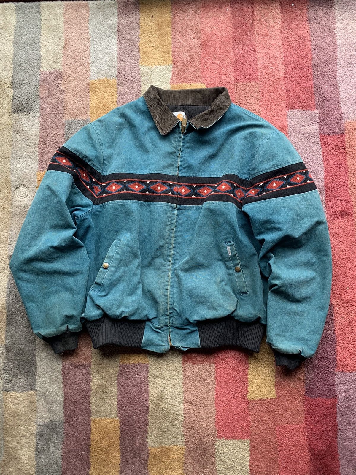 image of Carhartt Aztec Zip Up Workwear Jacket Fall Winter in Teal, Men's (Size Large)