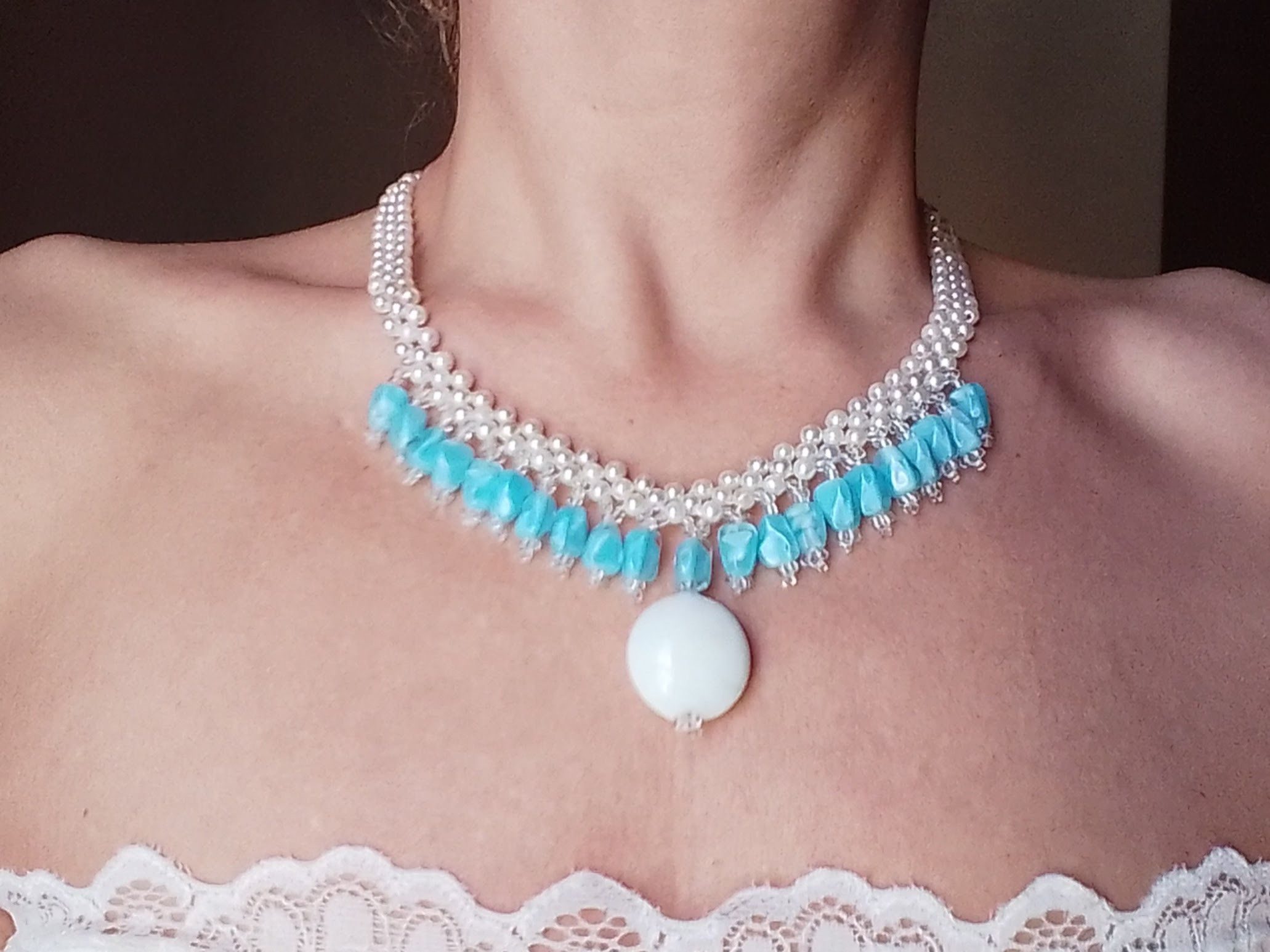 Handmade Pearls necklace with resin blue stones and ceramics Size ONE SIZE - 7 Thumbnail