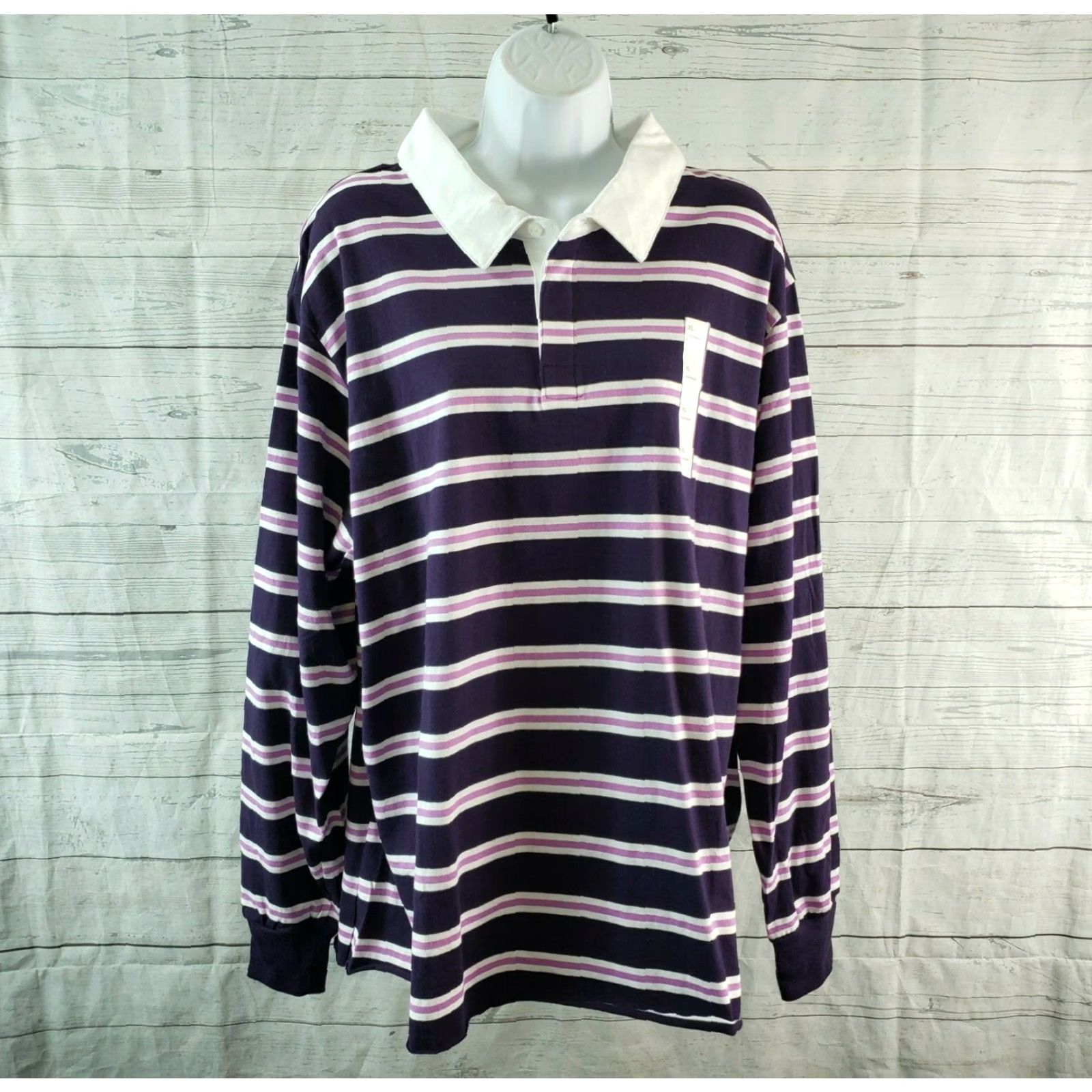 Vintage Wild Fable Womens Long Sleeve Polo Sz XL Purple White Striped Cotton Raw Hem Size XL / US 12-14 / IT 48-50 - 2 Thumbnail