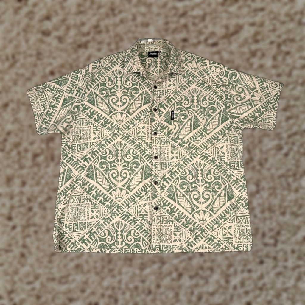 Vintage Kai Veikau Shirt Men 3XL Green Beige Floral Geometric 100% Cotton Hawaiian Size US XXL / EU 58 / 5 - 1 Thumbnail