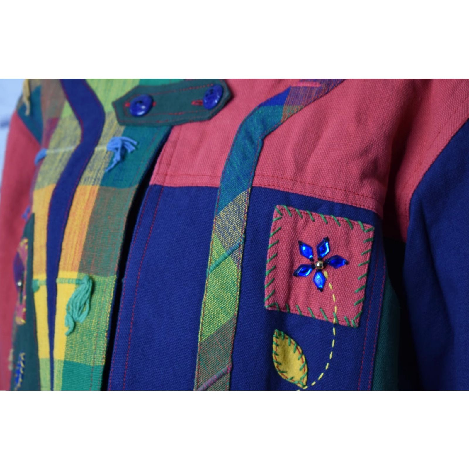 Vintage Open Front Jacket Boho Wearable Art Patchwork Beaded Coloful Medium Size M / US 6-8 / IT 42-44 - 2 Thumbnail