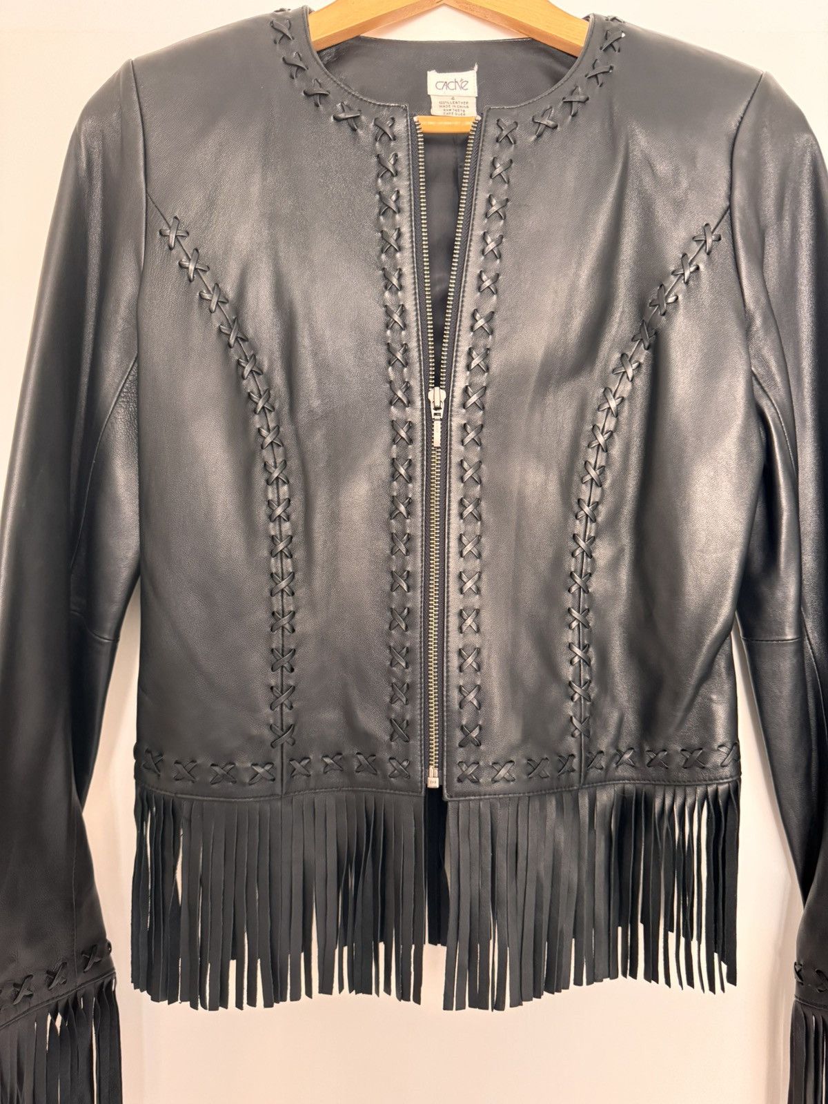 Other Caché Black Leather Fringe Jacket US 4 Western Boho Zip Size S / US 4 / IT 40 - 2 Thumbnail