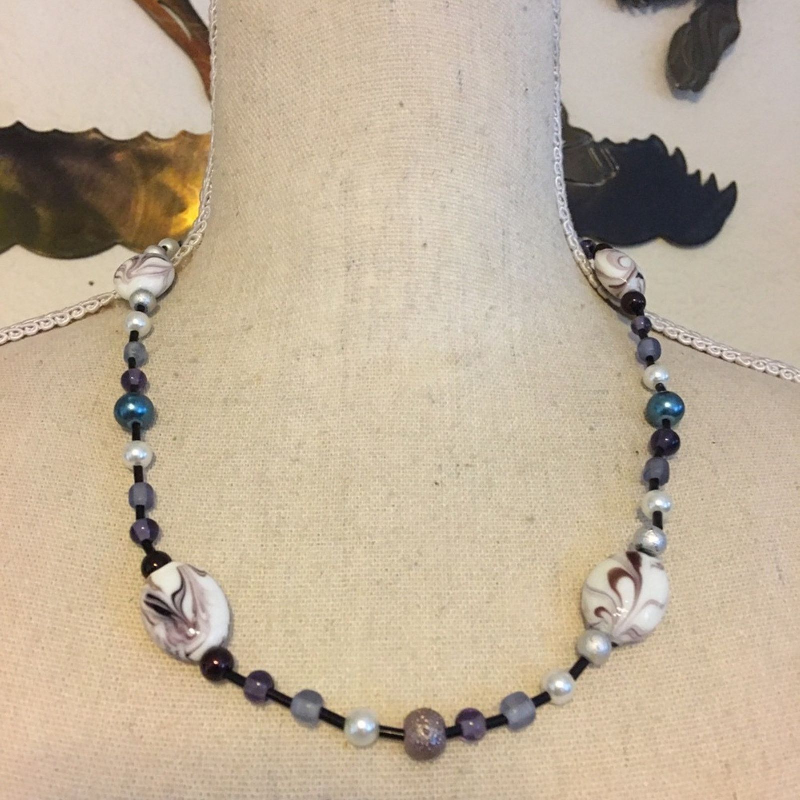 Jewelry Handcrafted purple marbled glass bead necklace Size ONE SIZE - 1 Thumbnail