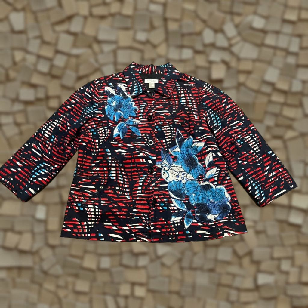 Vintage Christopher & Banks Shirt, Women's Medium, Button-Up, Red Blue, Allover Print, Casual, Fall Spring Summer, Women, Regular Fit Size M / US 6-8 / IT 42-44 - 1 Thumbnail