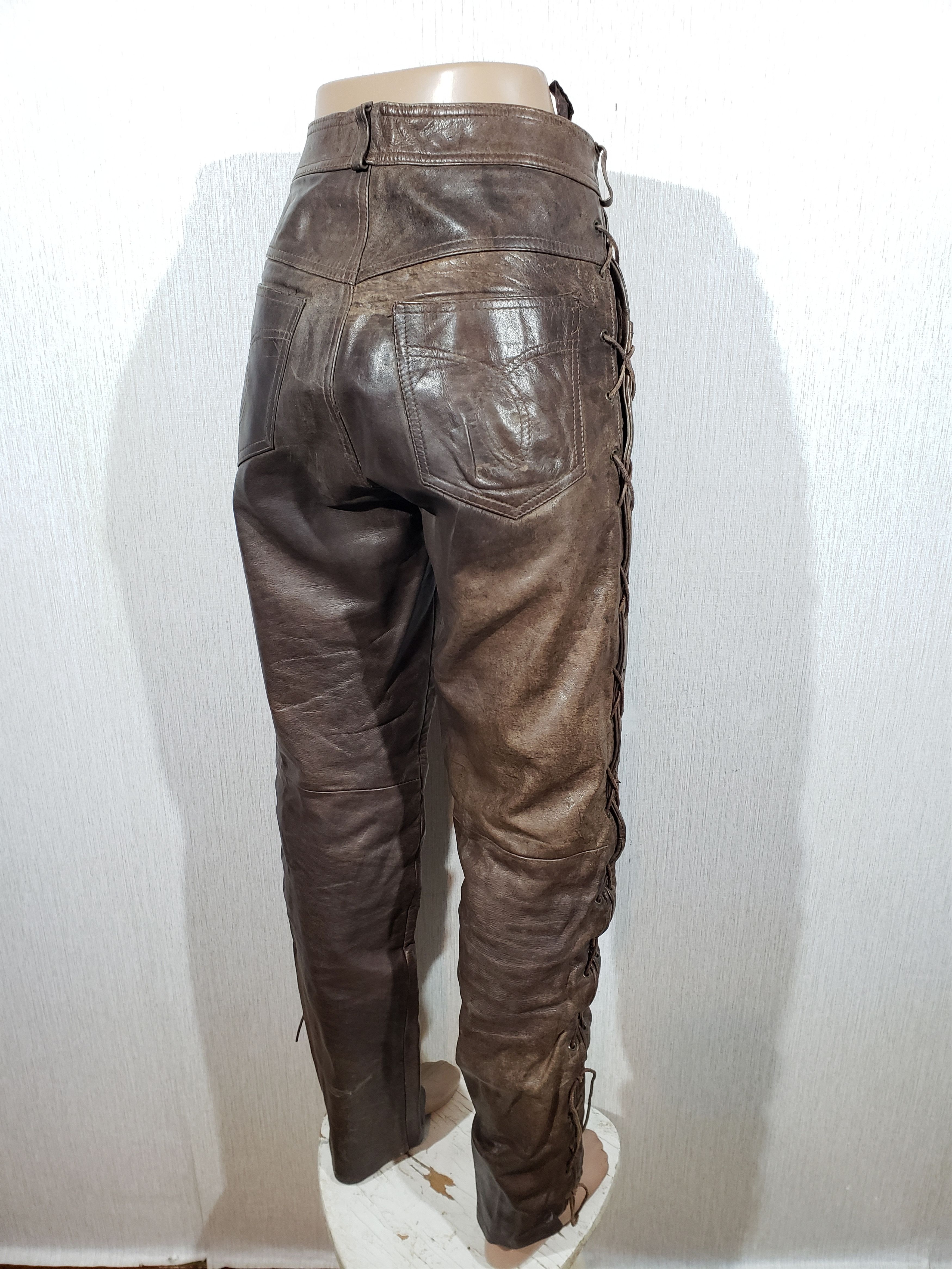 Genuine Leather Brown leather pants with decorative lacing. Size US 33 - 5 Thumbnail
