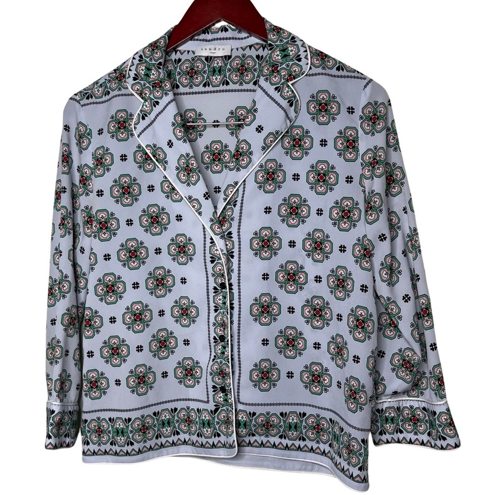 Sandro San­dro Bleu Ciel Print square button down blouse Shirt Size S / US 4 / IT 40 - 2 Thumbnail