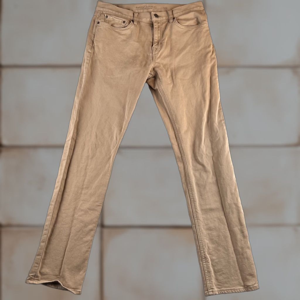 Banana Republic Banana Republic Slim Chino Pants Mens 33x34 33x32 Beige Cotton Spandex 5-Pocket Flat Front Straight Leg Preppy Travel Workwear Casual Size US 33 - 1 Thumbnail