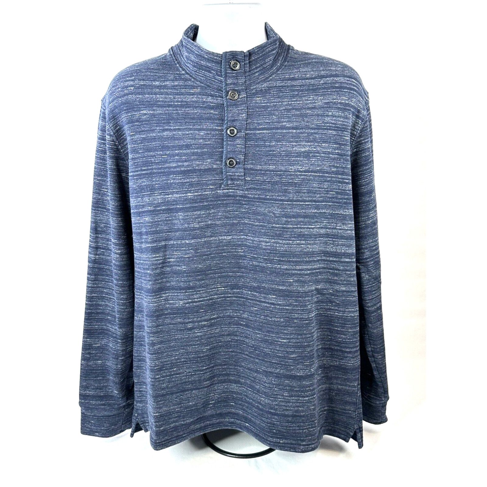 Image of Vintage Relwen Sweater Mens XL Navy Blue Heather Quarter Button Long Sleeve Pullover in White