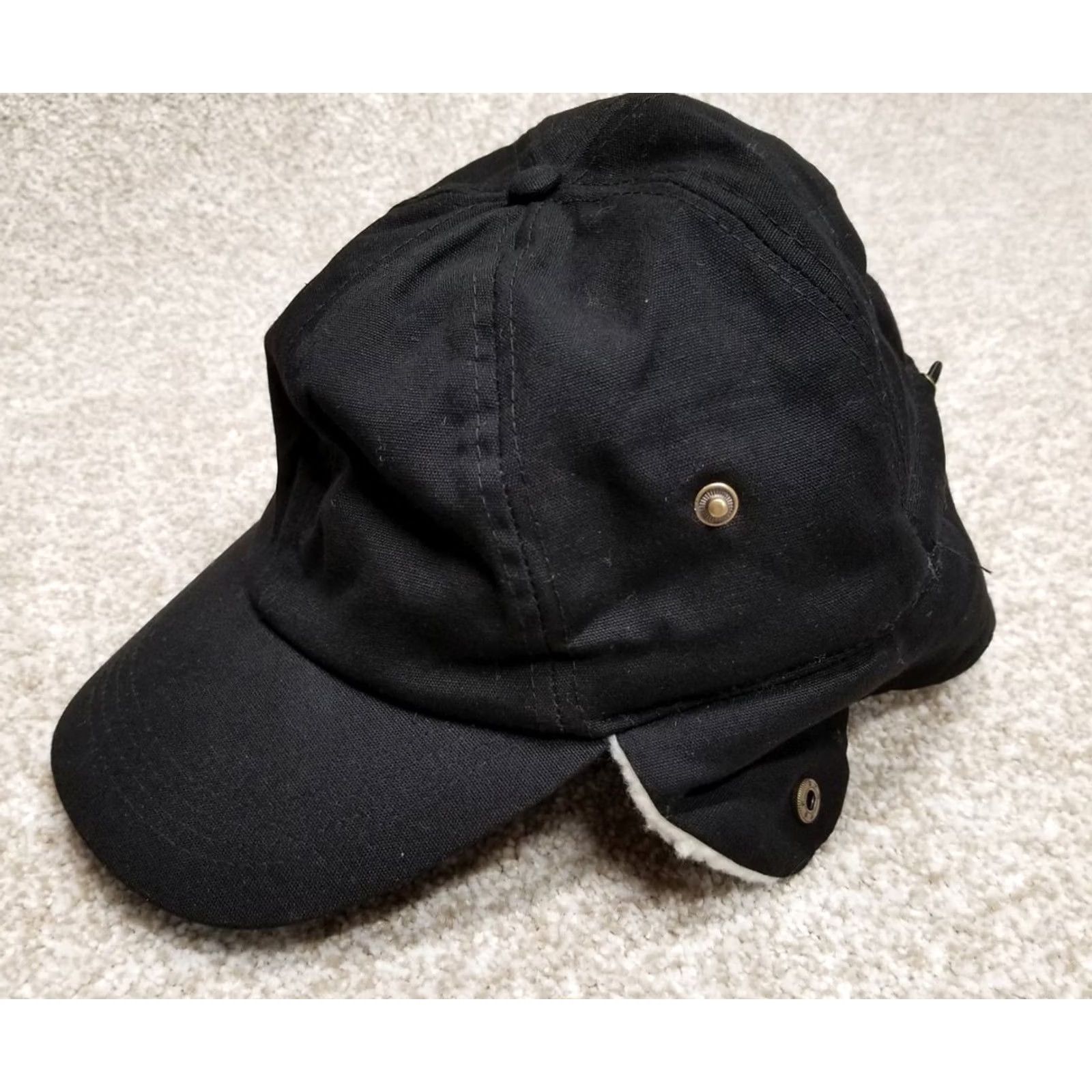 Vintage Trapper Hat Black Sherpa Lined Ear Flap Elmer Fudd Cap Adjustable Outdoors Unisex Adults Winter Canvas Cotton Polyester Hat Size ONE SIZE - 6 Thumbnail
