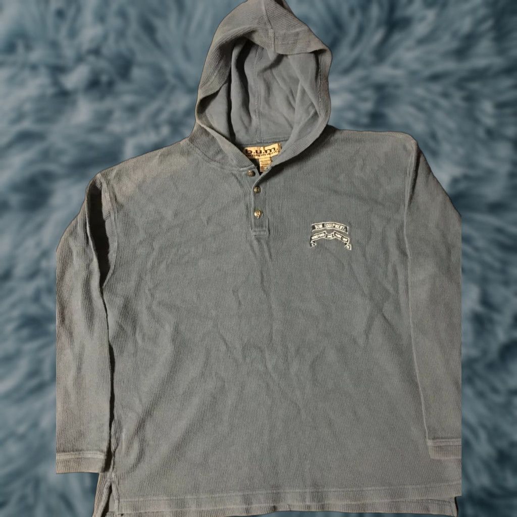VINTAGE B.U.M. Equipment Hoodie Shirt Mens Large Blue 90s Grunge Hip Hop Skate Surf Button Up Long Sleeve