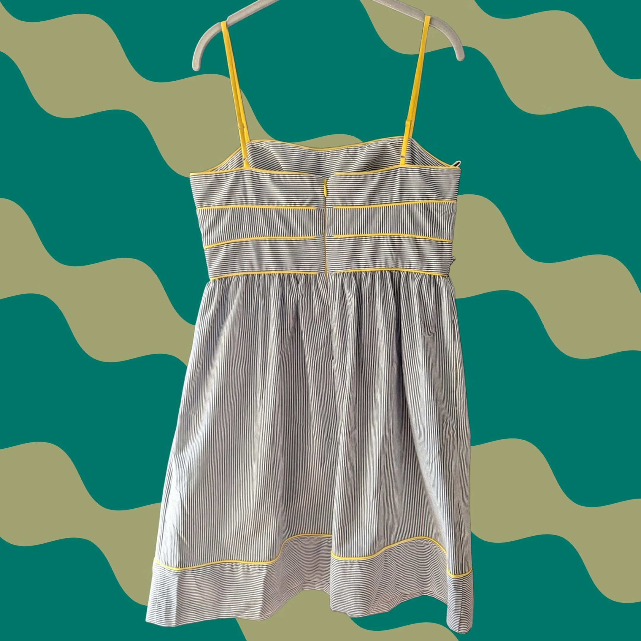 Vintage London Times Striped Dress Women 10 Midi Sleeveless Navy White Yellow Piping Buckle Fit & Flare Sundress Size L / US 10 / IT 46 - 1 Thumbnail