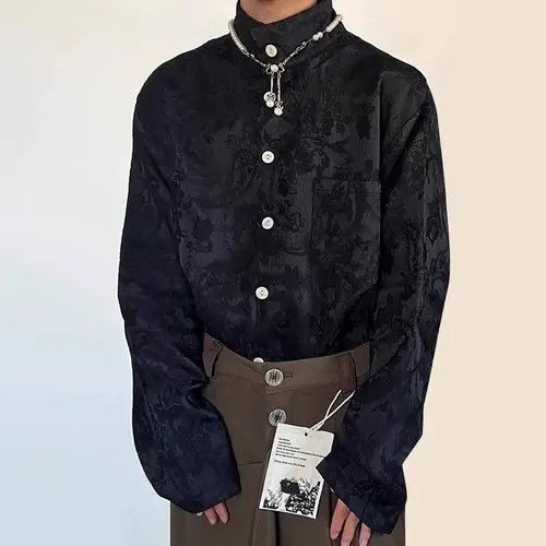 image of Vintage Retro Fashion Paisley Jacquard Button Up Shirt in Black, Men's (Size Medium)