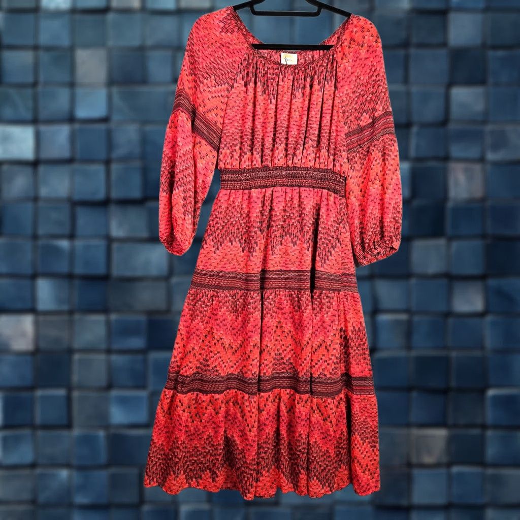 Vintage Fig & Flower Red Boho Midi Dress Long Sleeve Women M New Smocked Waist Dress Midi Bohemian Solid Red Women M New Size M / US 6-8 / IT 42-44 - 1 Thumbnail