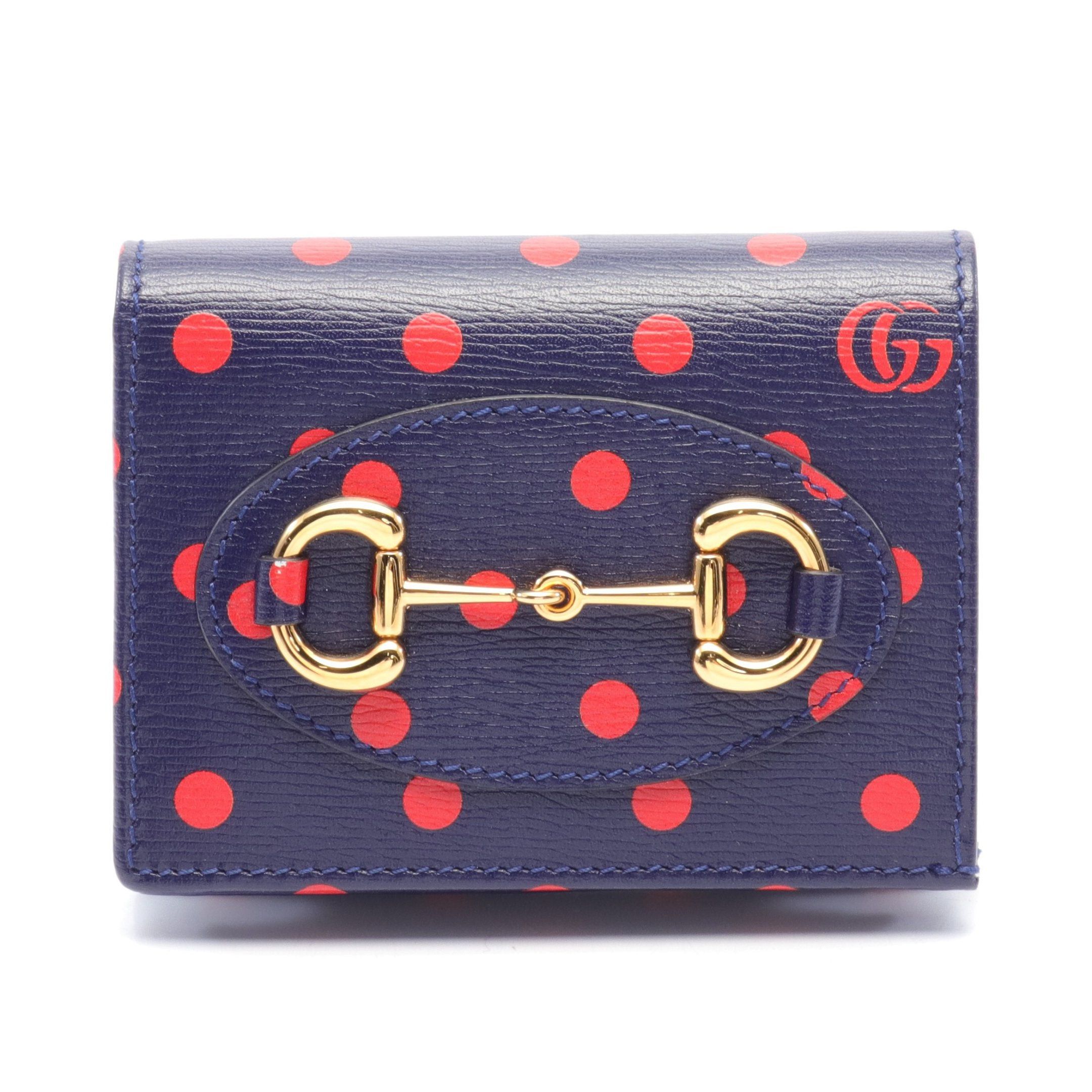 image of Gucci Horsebit 1955 Bi-Fold Wallet Dot Leather Navy Red, Women's