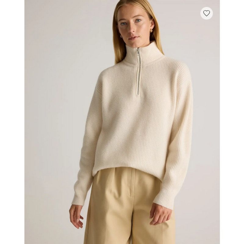 Quince Mongolian Cashmere Fisherman Quarter Zip Sweater Ivory Large Size L / US 10 / IT 46 - 2 Thumbnail