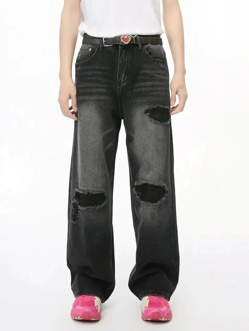 Japanese Brand Retro loose wide leg ripped jeans Size US 32 / EU 48 - 6 Thumbnail