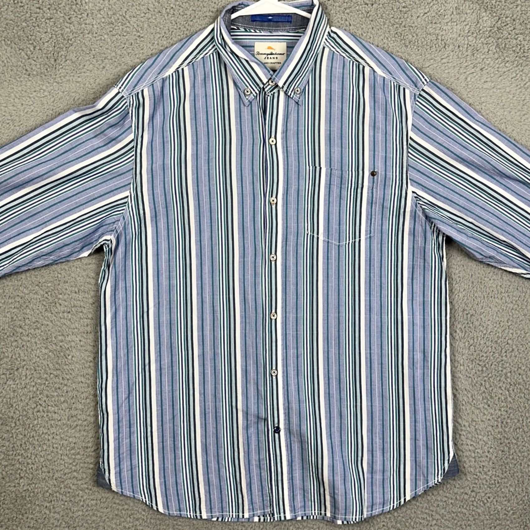 Tommy Bahama VINTAGE can be ignored for accuracy; Tommy Bahama JEANS Striped Shirt Button-Down Long Sleeve Mens Large Blue Cambridge Pocket Stretch EUC Size US L / EU 52-54 / 3 - 3 Thumbnail