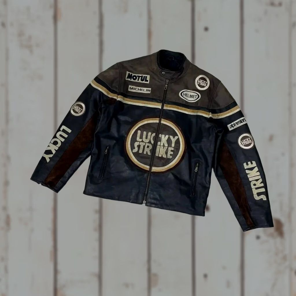 Lucky Brand VINTAGE Lucky Strike 90s Racing Leather Jacket Men XL Black Brown Motorcycle Racing F1 90s Size US XL / EU 56 / 4 - 1 Thumbnail