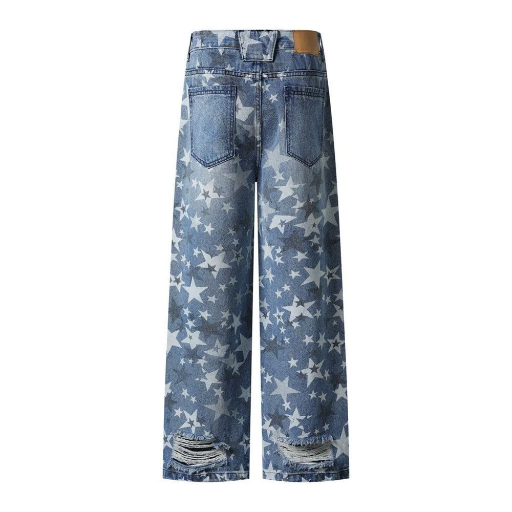 Jean Men's street trend distressed wide-leg star washed jeans Size US 32 / EU 48 - 2 Thumbnail